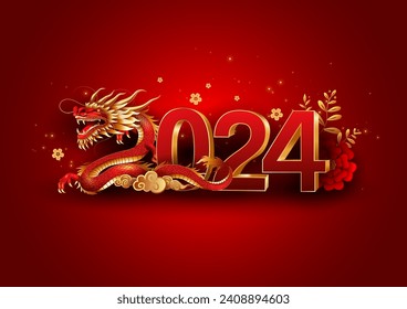 Happy Chinese new year 2024 year of the dragon zodiac sign with flower 3d letter. abstract vector illustration design (Translation : Happy new year)