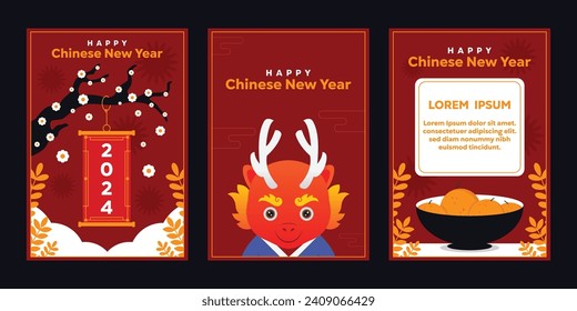 Happy Chinese New Year 2024 poster with red background. Trees, dragons, orange. Social media stories, banners, posters and more 