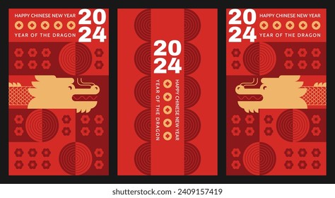 Happy Chinese New Year 2024, the Year of the Dragon. Lunar New Year cards set.