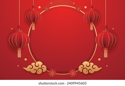 Happy Chinese new year 2024. Chinese new year banner with circle for show product. Greeting card. China frame with lantern on red background.