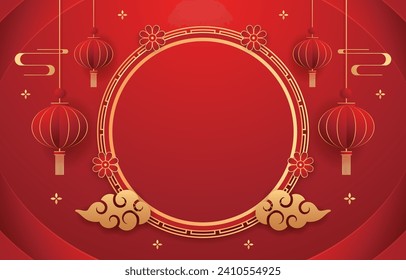 Happy Chinese new year 2024. Chinese new year banner with circle for show product. Greeting card. China frame with lantern on red background.