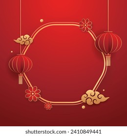 Happy Chinese new year 2024. Chinese new year banner with circle for show product. Greeting card. China frame with lantern on red background.