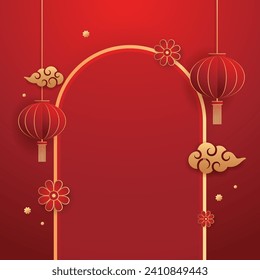 Happy Chinese new year 2024. Chinese new year banner with circle for show product. Greeting card. China frame with lantern on red background.