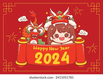 Happy Chinese new year 2024 with cute chinese girl and dragon cartoon illustration