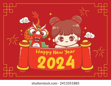 Happy Chinese new year 2024 with cute chinese girl and dragon cartoon illustration