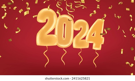 Happy chinese new year 2024 year of asian elements background. Golden Confetti Falling On red Background