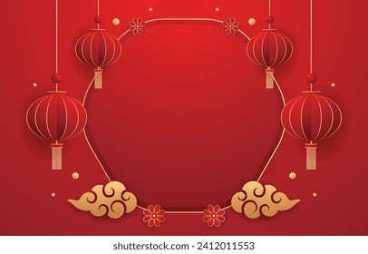 Happy Chinese new year 2024. Chinese new year banner with circle for show product. Greeting card. China frame with lantern on red background.