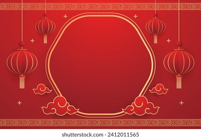 Happy Chinese new year 2024. Chinese new year banner with circle for show product. Greeting card. China frame with lantern on red background.