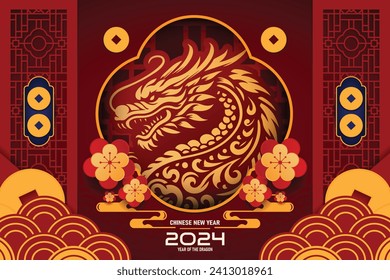 Happy Chinese new year 2024 the dragon zodiac sign with red and gold charm, Symbolizing prosperity and richness. vector for festive greeting cards and banner design. Translation : happy new year 2024