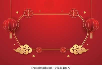 Happy Chinese new year 2024. Chinese new year banner with circle for show product. Greeting card. China frame with lantern on red background.