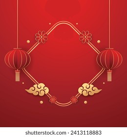 Happy Chinese new year 2024. Chinese new year banner with circle for show product. Greeting card. China frame with lantern on red background.