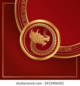 Happy Chinese new year 2024 Dragon Zodiac sign, with gold paper cut art and craft style on color background (Chinese Translation: happy new year 2024, year of Dragon)
