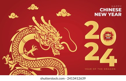 Happy Chinese New Year 2024 Banner and Greeting Card. Lunar New Year 2024 with Chinese Zodiac Dragon Symbol and Text. Red and Gold Modern Chinese New Year Background Vector Illustration