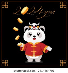 Happy Chinese New Year 2024 Year of dragon. happy cute panda in chinese costume. Chinese text mean Happy New Year. Vector illustration.