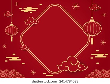 Happy Chinese new year 2024. Chinese new year banner with circle for show product. Greeting card. China frame with lantern on red background.