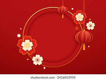 Happy Chinese new year 2024. Chinese new year banner with circle for show product. Greeting card. China frame with lantern on red background.