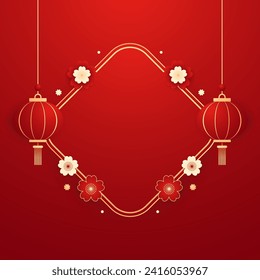 Happy Chinese new year 2024. Chinese new year banner with circle for show product. Greeting card. China frame with lantern on red background.