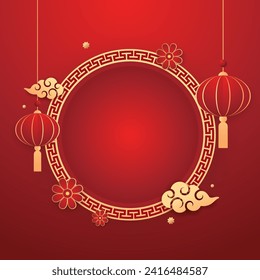 Happy Chinese new year 2024. Chinese new year banner with circle for show product. Greeting card. China frame with lantern on red background.