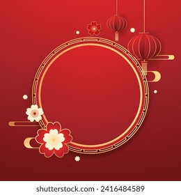 Happy Chinese new year 2024. Chinese new year banner with circle for show product. Greeting card. China frame with lantern on red background.