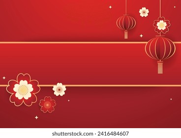 Happy Chinese new year 2024. Chinese new year banner with circle for show product. Greeting card. China frame with lantern on red background.