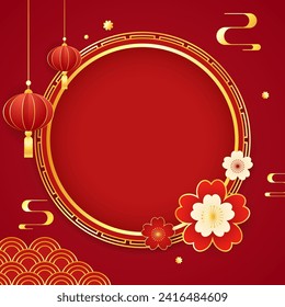 Happy Chinese new year 2024. Chinese new year banner with circle for show product. Greeting card. China frame with lantern on red background.