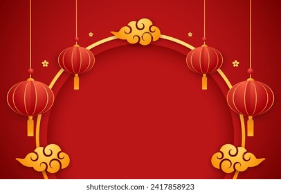 Happy Chinese new year 2024. Chinese new year banner with circle for show product. Greeting card. China frame with lantern on red background.