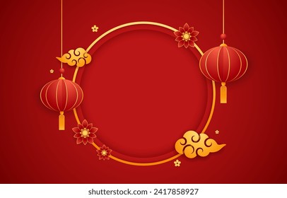 Happy Chinese new year 2024. Chinese new year banner with circle for show product. Greeting card. China frame with lantern on red background.