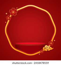 Happy Chinese new year 2024. Chinese new year banner for show product. Greeting card. China frame with lantern on red background.