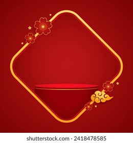 Happy Chinese new year 2024. Chinese new year banner for show product. Greeting card. China frame with lantern on red background.