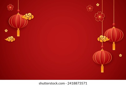 Happy Chinese new year 2024. Chinese new year banner for show product. Greeting card. China frame with lantern on red background.