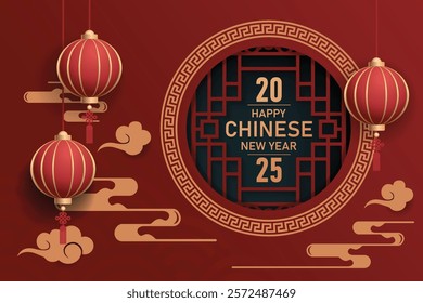 Happy chinese new year 2024 the dragon zodiac sign with red and gold charm, Symbolizing prosperity and richness. vector for festive greeting cards and banner design ( Translation : happy new year 2 )