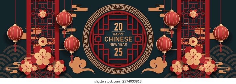 Happy chinese new year 2024 the dragon zodiac sign with red and gold charm, Symbolizing prosperity and richness. vector for festive greeting cards and banner design ( Translation : happy new year 2 )