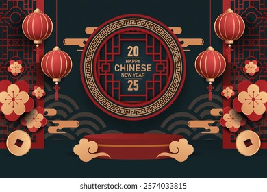 Happy chinese new year 2024 the dragon zodiac sign with red and gold charm, Symbolizing prosperity and richness. vector for festive greeting cards and banner design ( Translation : happy new year 2 )