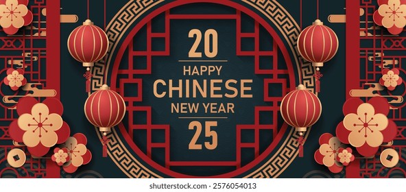 Happy chinese new year 2024 the dragon zodiac sign with red and gold charm, Symbolizing prosperity and richness. vector for festive greeting cards and banner design ( Translation : happy new year 2 )