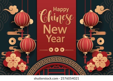 Happy chinese new year 2024 the dragon zodiac sign with red and gold charm, Symbolizing prosperity and richness. vector for festive greeting cards and banner design ( Translation : happy new year 2 )