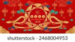 Happy Chinese New Year 2025. Chinese snake gold zodiac sign on red background for card design. China lunar calendar animal. Translation : happy new year 2025, year of the snake. Vector EPS10.