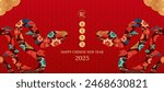 Happy Chinese New Year 2025. Snake zodiac with lanterns, cloud on red background for card design. China lunar calendar animal. Translation happy new year 2025, year of the snake. Vector EPS10.
