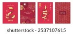 Happy Chinese New Year 2025, the year of the snake. Set of greeting cards with the zodiac sign of the snake, Chinese patterns and design elements. Hieroglyphics mean Happy New Year and Snake