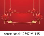 Happy Chinese new year 2025. Chinese new year banner with circle for show product. Greeting card. China frame with lantern on red background.