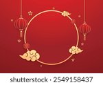 Happy Chinese new year 2025. Chinese new year banner with circle for show product. Greeting card. China frame with lantern on red background.