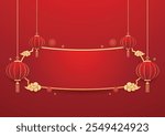 Happy Chinese new year 2025. Chinese new year banner with circle for show product. Greeting card. China frame with lantern on red background.