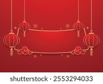 Happy Chinese new year 2025. Chinese new year banner for show product. Greeting card. China frame with lantern on red background.