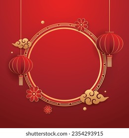 Happy Chinese new year 2025. Chinese new year banner with circle for show product. Greeting card. China frame with lantern on red background.