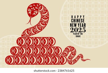 Happy chinese new year 2025 the snake zodiac sign logo with lantern,flower, and asian elements red paper cut style on color background. ( translation : year of the snake, happy new year 2025 )