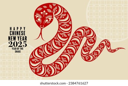 Happy chinese new year 2025 the snake zodiac sign logo with lantern,flower, and asian elements red paper cut style on color background. ( translation : year of the snake, happy new year 2025 )