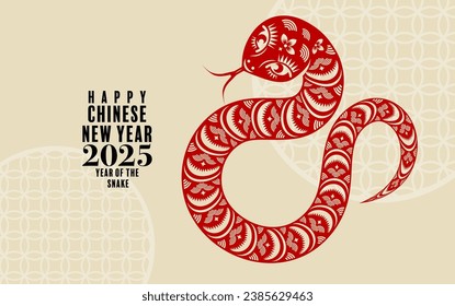 Happy chinese new year 2025 the snake zodiac sign logo with lantern,flower, and asian elements red paper cut style on color background. ( translation : year of the snake, happy new year 2025 )
