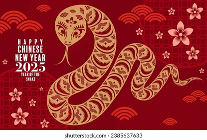 Happy chinese new year 2025 the snake zodiac sign logo with lantern,flower, and asian elements red paper cut style on color background. ( translation : year of the snake, happy new year 2025 )