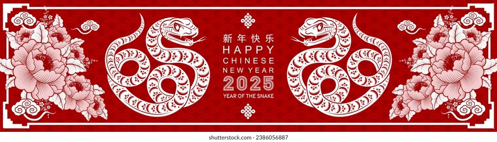 Happy chinese new year 2025 the snake zodiac sign with flower,lantern,asian elements red paper cut style on color background. ( Translation : happy new year 2025 year of the snake )
