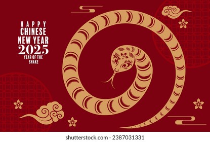 Happy chinese new year 2025 the snake zodiac sign logo with lantern,flower, and asian elements red paper cut style on color background. ( translation : year of the snake, happy new year 2025 )