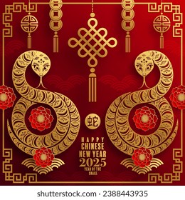 Happy chinese new year 2025  the snake zodiac sign with flower,lantern,pattern,cloud asian elements red,gold  paper cut style on color background. (Translation : happy new year 2025 year of the snake)